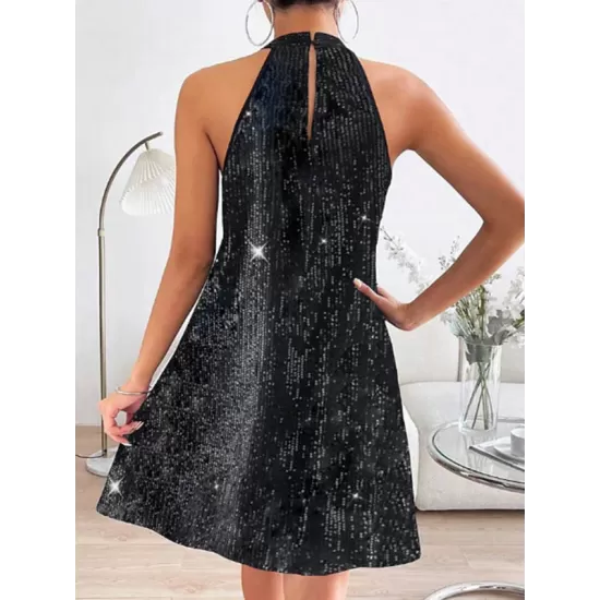 Hollow Sequined Solid Color A-Line Loose Halter-Neck Mini Dresses Hollow Sequined Solid Color A-Line Loose Halter-Neck Mini Dresses