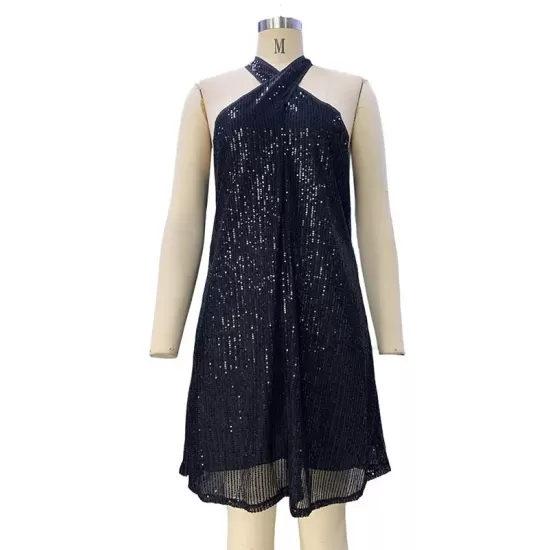 Hollow Sequined Solid Color A-Line Loose Halter-Neck Mini Dresses Hollow Sequined Solid Color A-Line Loose Halter-Neck Mini Dresses