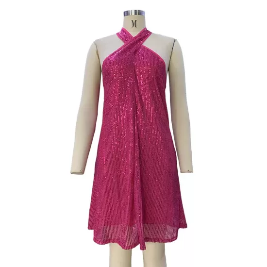 Hollow Sequined Solid Color A-Line Loose Halter-Neck Mini Dresses Hollow Sequined Solid Color A-Line Loose Halter-Neck Mini Dresses