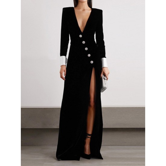 Asymmetric Buttoned Shoulder Pad Split-Front Long Sleeves Skinny Deep V-Neck Maxi Dresses Asymmetric Buttoned Shoulder Pad Split-Front Long Sleeves Skinny Deep V-Neck Maxi Dresses