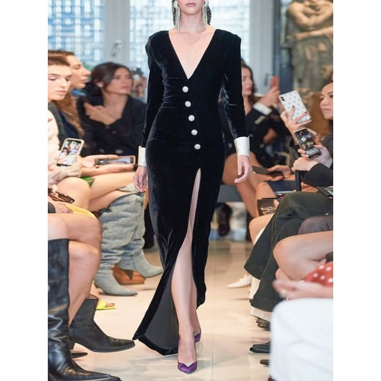 Asymmetric Buttoned Shoulder Pad Split-Front Long Sleeves Skinny Deep V-Neck Maxi Dresses Asymmetric Buttoned Shoulder Pad Split-Front Long Sleeves Skinny Deep V-Neck Maxi Dresses