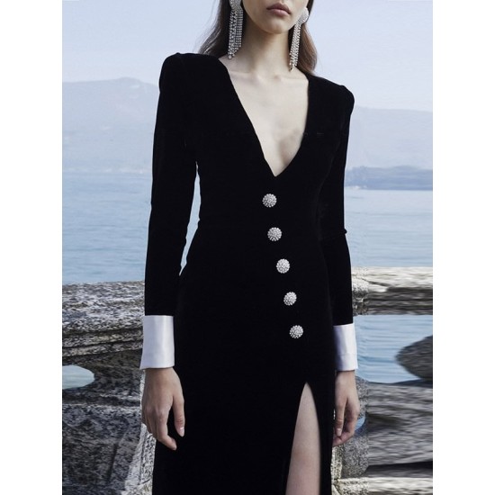 Asymmetric Buttoned Shoulder Pad Split-Front Long Sleeves Skinny Deep V-Neck Maxi Dresses Asymmetric Buttoned Shoulder Pad Split-Front Long Sleeves Skinny Deep V-Neck Maxi Dresses