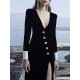 Asymmetric Buttoned Shoulder Pad Split-Front Long Sleeves Skinny Deep V-Neck Maxi Dresses Asymmetric Buttoned Shoulder Pad Split-Front Long Sleeves Skinny Deep V-Neck Maxi Dresses