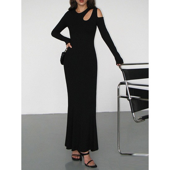 Hollow Solid Color Long Sleeves Skinny Cold Shoulder Maxi Dresses Hollow Solid Color Long Sleeves Skinny Cold Shoulder Maxi Dresses