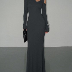 Hollow Solid Color Long Sleeves Skinny Cold Shoulder Maxi Dresses