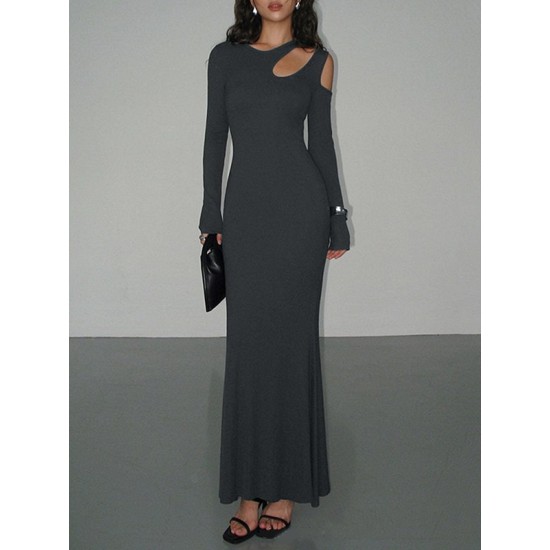 Hollow Solid Color Long Sleeves Skinny Cold Shoulder Maxi Dresses Hollow Solid Color Long Sleeves Skinny Cold Shoulder Maxi Dresses