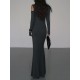 Hollow Solid Color Long Sleeves Skinny Cold Shoulder Maxi Dresses Hollow Solid Color Long Sleeves Skinny Cold Shoulder Maxi Dresses