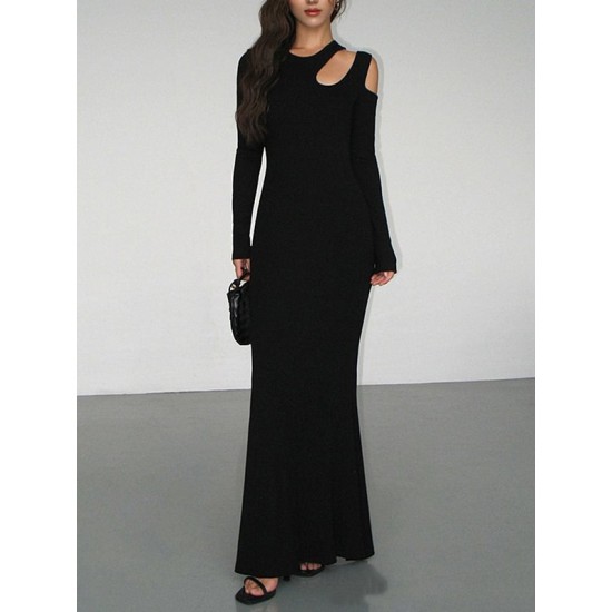 Hollow Solid Color Long Sleeves Skinny Cold Shoulder Maxi Dresses Hollow Solid Color Long Sleeves Skinny Cold Shoulder Maxi Dresses