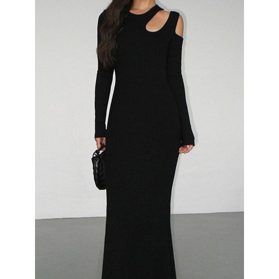 Hollow Solid Color Long Sleeves Skinny Cold Shoulder Maxi Dresses Hollow Solid Color Long Sleeves Skinny Cold Shoulder Maxi Dresses