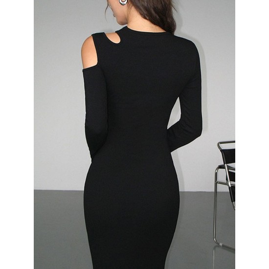 Hollow Solid Color Long Sleeves Skinny Cold Shoulder Maxi Dresses Hollow Solid Color Long Sleeves Skinny Cold Shoulder Maxi Dresses