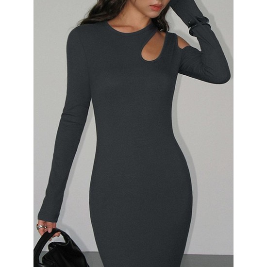 Hollow Solid Color Long Sleeves Skinny Cold Shoulder Maxi Dresses Hollow Solid Color Long Sleeves Skinny Cold Shoulder Maxi Dresses