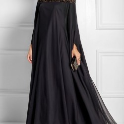 Batwing Sleeves Loose Jacquard See-Through Solid Color Split-Joint Three-Dimensional Flower Round-Neck Maxi Dresses