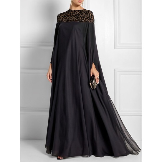 Batwing Sleeves Loose Jacquard See-Through Solid Color Split-Joint Three-Dimensional Flower Round-Neck Maxi Dresses Batwing Sleeves Loose Jacquard See-Through Solid Color Split-Joint Three-Dimensional Flower Round-Neck Maxi Dresses