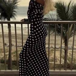 Pleated Polka-Dot Split-Joint Long Sleeves Skinny Tube Maxi Dresses