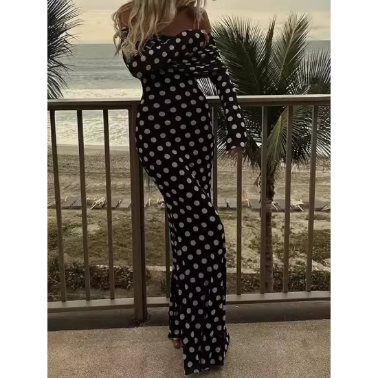 Pleated Polka-Dot Split-Joint Long Sleeves Skinny Tube Maxi Dresses Pleated Polka-Dot Split-Joint Long Sleeves Skinny Tube Maxi Dresses