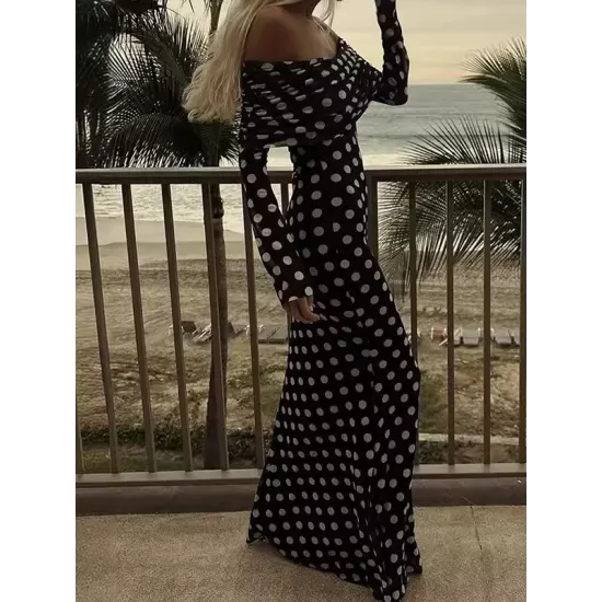 Pleated Polka-Dot Split-Joint Long Sleeves Skinny Tube Maxi Dresses Pleated Polka-Dot Split-Joint Long Sleeves Skinny Tube Maxi Dresses