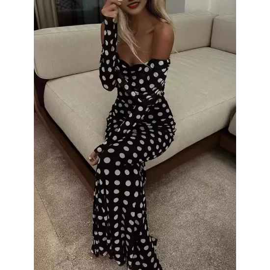 Pleated Polka-Dot Split-Joint Long Sleeves Skinny Tube Maxi Dresses Pleated Polka-Dot Split-Joint Long Sleeves Skinny Tube Maxi Dresses
