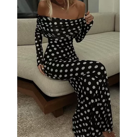 Pleated Polka-Dot Split-Joint Long Sleeves Skinny Tube Maxi Dresses Pleated Polka-Dot Split-Joint Long Sleeves Skinny Tube Maxi Dresses