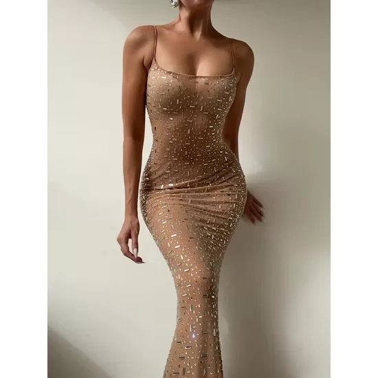See-Through Sequined Split-Joint Bodycon Skinny Spaghetti-Neck Maxi Dresses See-Through Sequined Split-Joint Bodycon Skinny Spaghetti-Neck Maxi Dresses