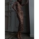 Leopard Printed Bodycon Long Sleeves Round-Neck Maxi Dresses Leopard Printed Bodycon Long Sleeves Round-Neck Maxi Dresses