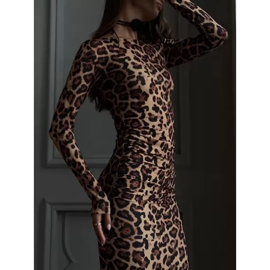 Leopard Printed Bodycon Long Sleeves Round-Neck Maxi Dresses Leopard Printed Bodycon Long Sleeves Round-Neck Maxi Dresses