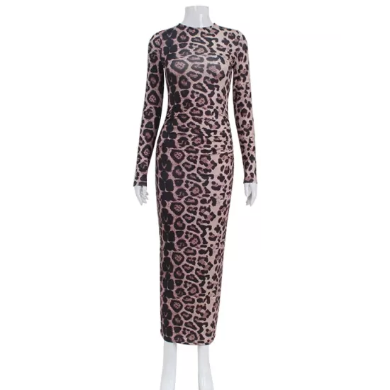 Leopard Printed Bodycon Long Sleeves Round-Neck Maxi Dresses Leopard Printed Bodycon Long Sleeves Round-Neck Maxi Dresses