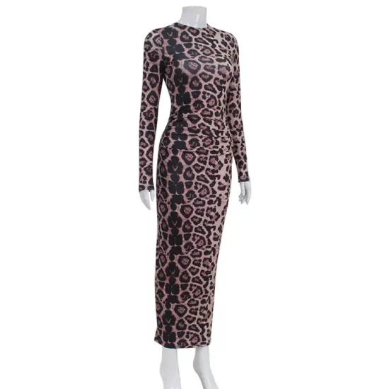 Leopard Printed Bodycon Long Sleeves Round-Neck Maxi Dresses Leopard Printed Bodycon Long Sleeves Round-Neck Maxi Dresses