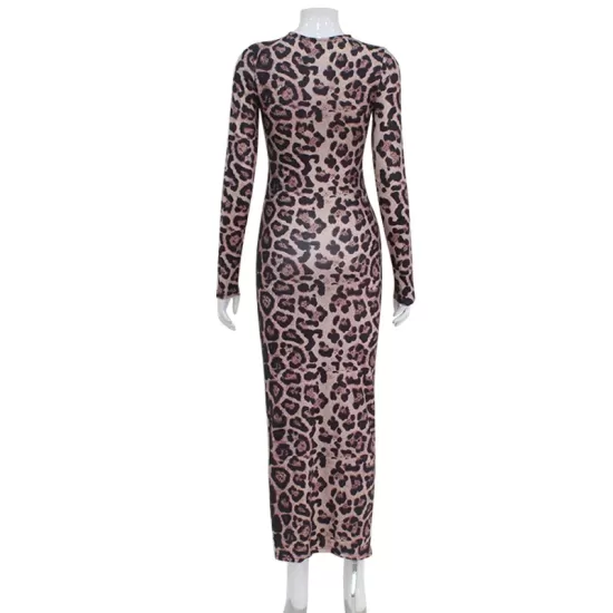 Leopard Printed Bodycon Long Sleeves Round-Neck Maxi Dresses Leopard Printed Bodycon Long Sleeves Round-Neck Maxi Dresses