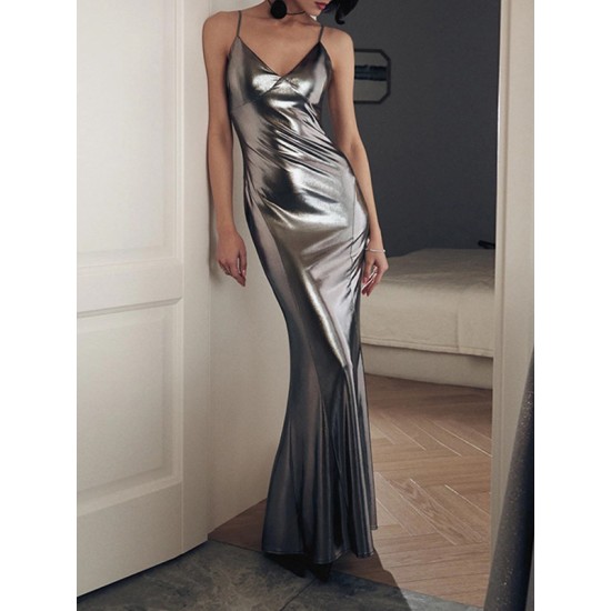 Shiny Solid Color Split-Joint Sleeveless Spaghetti-Neck Maxi Dresses Shiny Solid Color Split-Joint Sleeveless Spaghetti-Neck Maxi Dresses