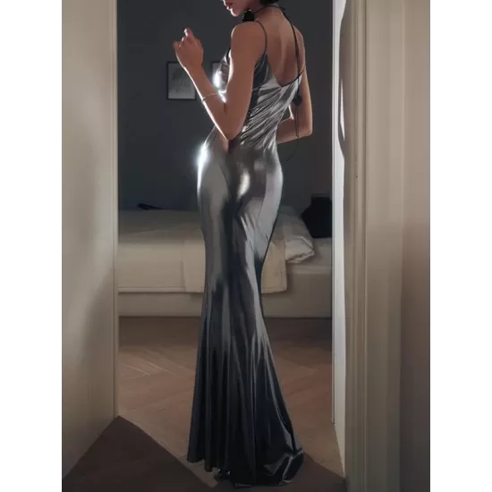 Shiny Solid Color Split-Joint Sleeveless Spaghetti-Neck Maxi Dresses Shiny Solid Color Split-Joint Sleeveless Spaghetti-Neck Maxi Dresses