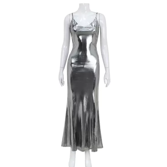 Shiny Solid Color Split-Joint Sleeveless Spaghetti-Neck Maxi Dresses Shiny Solid Color Split-Joint Sleeveless Spaghetti-Neck Maxi Dresses