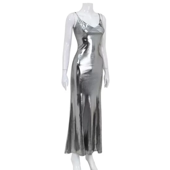 Shiny Solid Color Split-Joint Sleeveless Spaghetti-Neck Maxi Dresses Shiny Solid Color Split-Joint Sleeveless Spaghetti-Neck Maxi Dresses