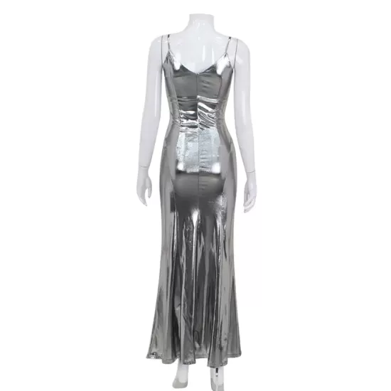 Shiny Solid Color Split-Joint Sleeveless Spaghetti-Neck Maxi Dresses Shiny Solid Color Split-Joint Sleeveless Spaghetti-Neck Maxi Dresses