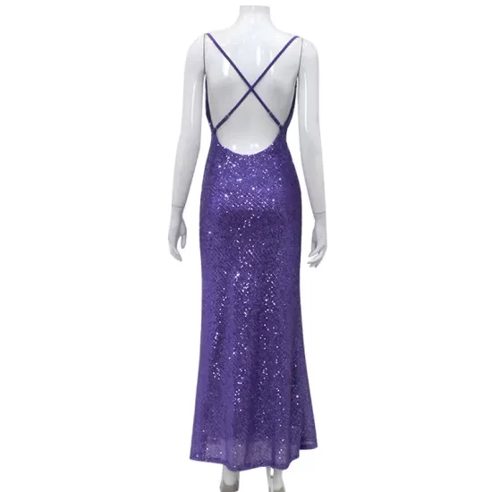 Back Cross Sequined Split-Joint Spaghetti-Neck Maxi Dresses Back Cross Sequined Split-Joint Spaghetti-Neck Maxi Dresses