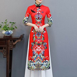 Red Split-Joint Seven-Quarter Sleeves Ao Dai Long Cheongsams