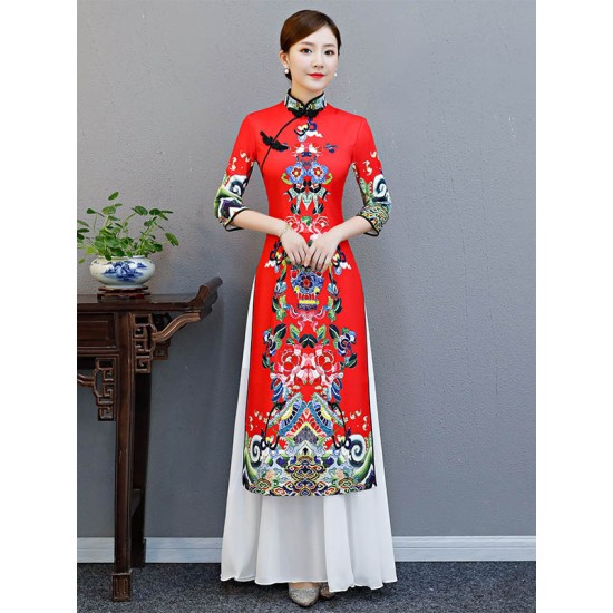 Red Split-Joint Seven-Quarter Sleeves Ao Dai Long Cheongsams Red Split-Joint Seven-Quarter Sleeves Ao Dai Long Cheongsams
