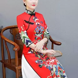 Red Split-Joint Seven-Quarter Sleeves Ao Dai Long Cheongsams