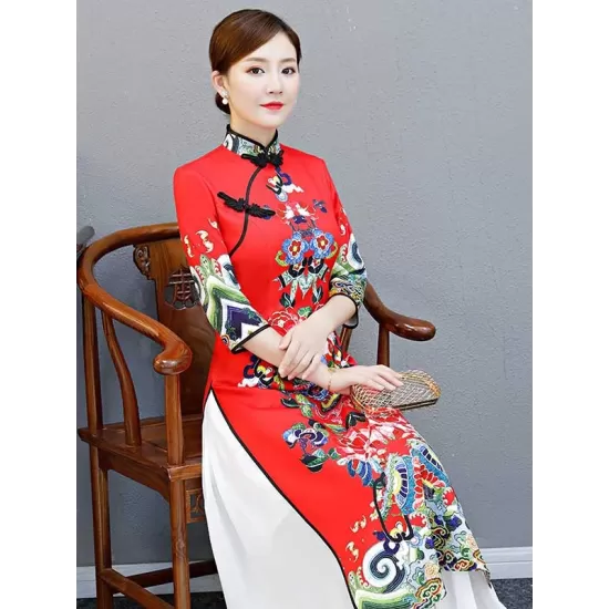 Red Split-Joint Seven-Quarter Sleeves Ao Dai Long Cheongsams Red Split-Joint Seven-Quarter Sleeves Ao Dai Long Cheongsams