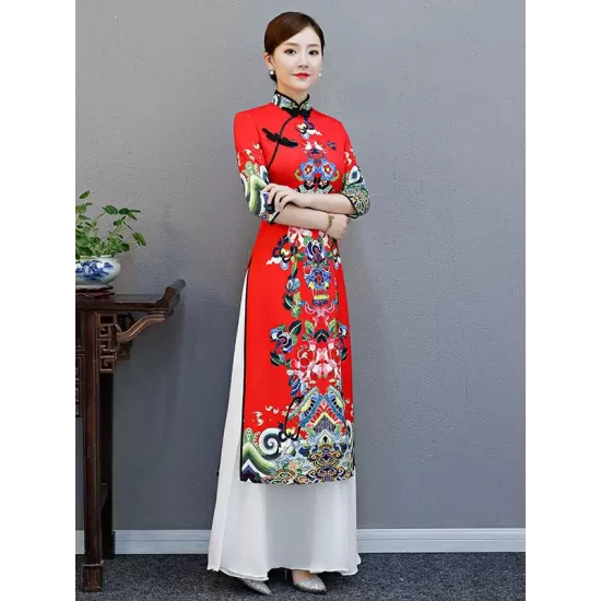 Red Split-Joint Seven-Quarter Sleeves Ao Dai Long Cheongsams Red Split-Joint Seven-Quarter Sleeves Ao Dai Long Cheongsams