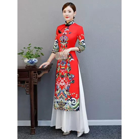 Red Split-Joint Seven-Quarter Sleeves Ao Dai Long Cheongsams Red Split-Joint Seven-Quarter Sleeves Ao Dai Long Cheongsams