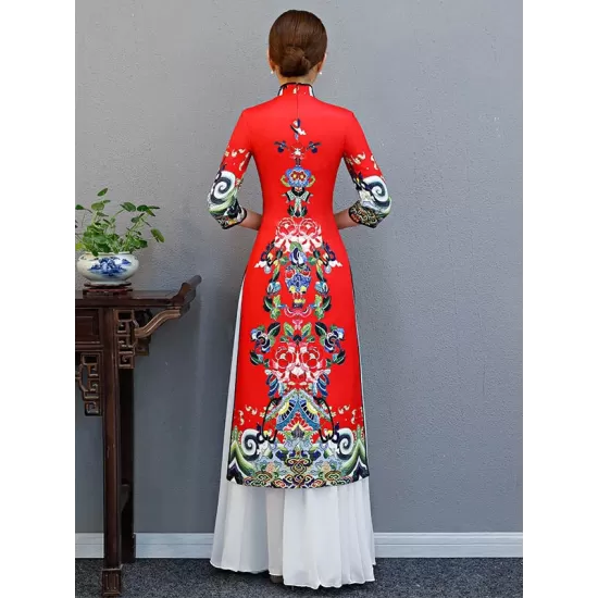 Red Split-Joint Seven-Quarter Sleeves Ao Dai Long Cheongsams Red Split-Joint Seven-Quarter Sleeves Ao Dai Long Cheongsams