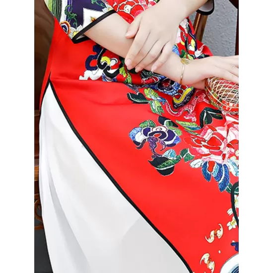 Red Split-Joint Seven-Quarter Sleeves Ao Dai Long Cheongsams Red Split-Joint Seven-Quarter Sleeves Ao Dai Long Cheongsams