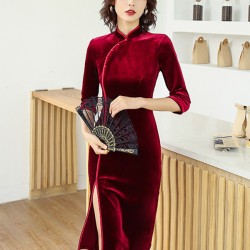 Solid Color Velvet Banquet Split-Side Long Cheongsams
