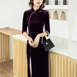 Solid Color Velvet Banquet Split-Side Long Cheongsams