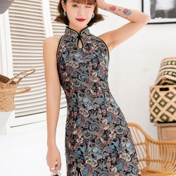 Original Floral Printed Stand Collar Sleeveless Short Cheongsams