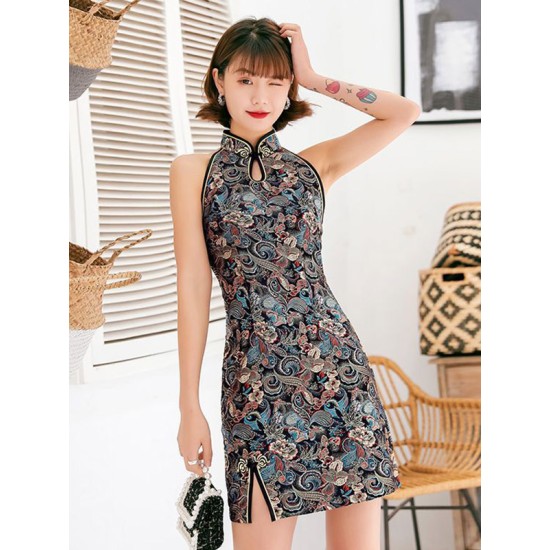 Original Floral Printed Stand Collar Sleeveless Short Cheongsams Original Floral Printed Stand Collar Sleeveless Short Cheongsams