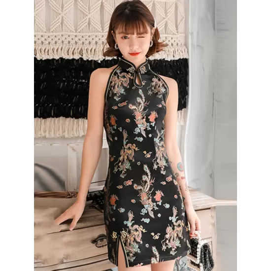 Original Floral Printed Stand Collar Sleeveless Short Cheongsams Original Floral Printed Stand Collar Sleeveless Short Cheongsams