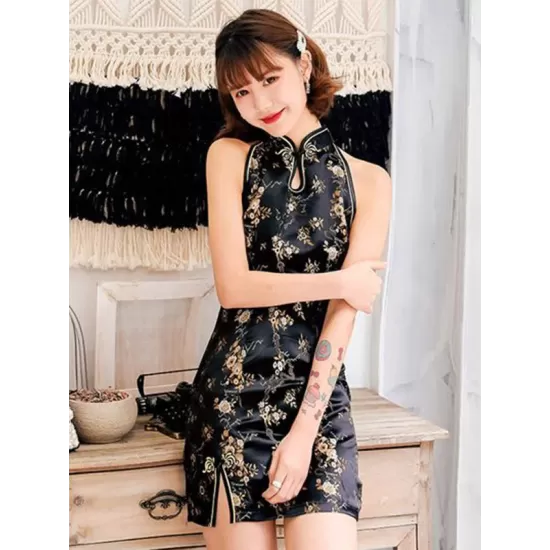 Original Floral Printed Stand Collar Sleeveless Short Cheongsams Original Floral Printed Stand Collar Sleeveless Short Cheongsams