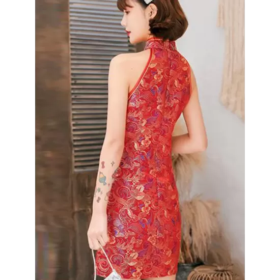 Original Floral Printed Stand Collar Sleeveless Short Cheongsams Original Floral Printed Stand Collar Sleeveless Short Cheongsams