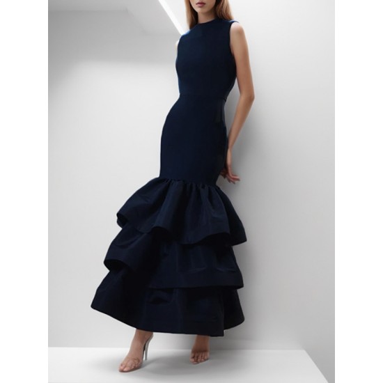 Layered Pleated Solid Color Split-Joint Zipper Bodycon High Waisted Round-Neck Maxi Dresses Layered Pleated Solid Color Split-Joint Zipper Bodycon High Waisted Round-Neck Maxi Dresses